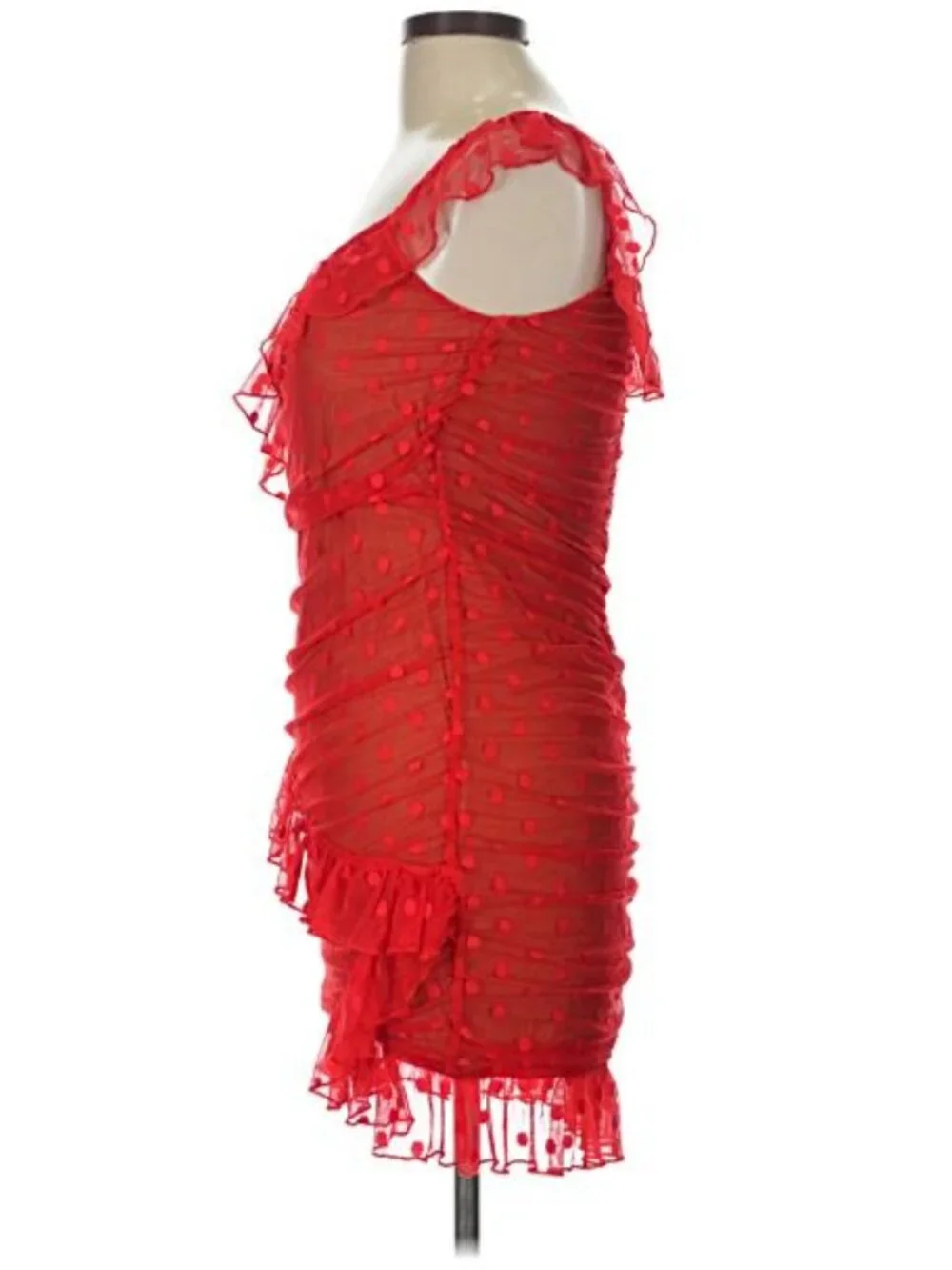 Majorelle Bandit Mini Dress Large Red Polka Dot Ruffle Asymmetrical Y2K Romantic